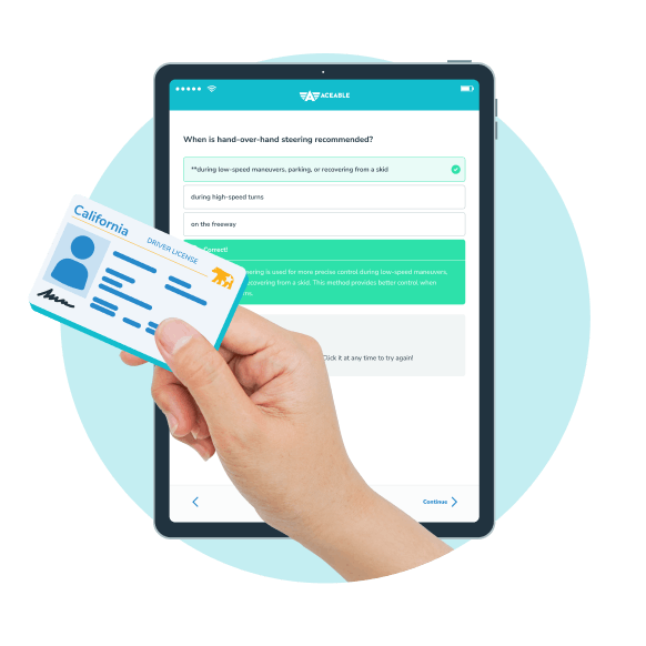 Tablet showing test prep course and CA drivers license