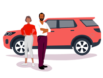 a couple standing in front of an SUV.