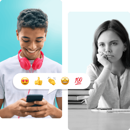 Happy teen on mobile phone and a bored teen sitting in at a classroom desk