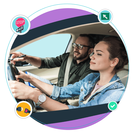 Driving instructor in car with teen