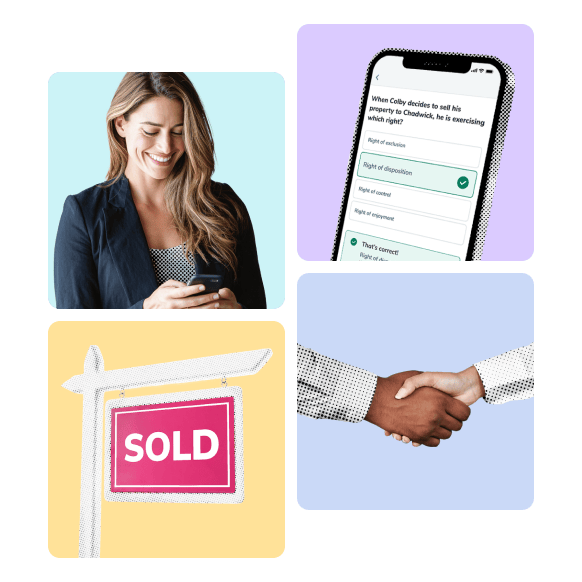 A woman with a phone, an Aceableagent course, a sold sign, and a handshake