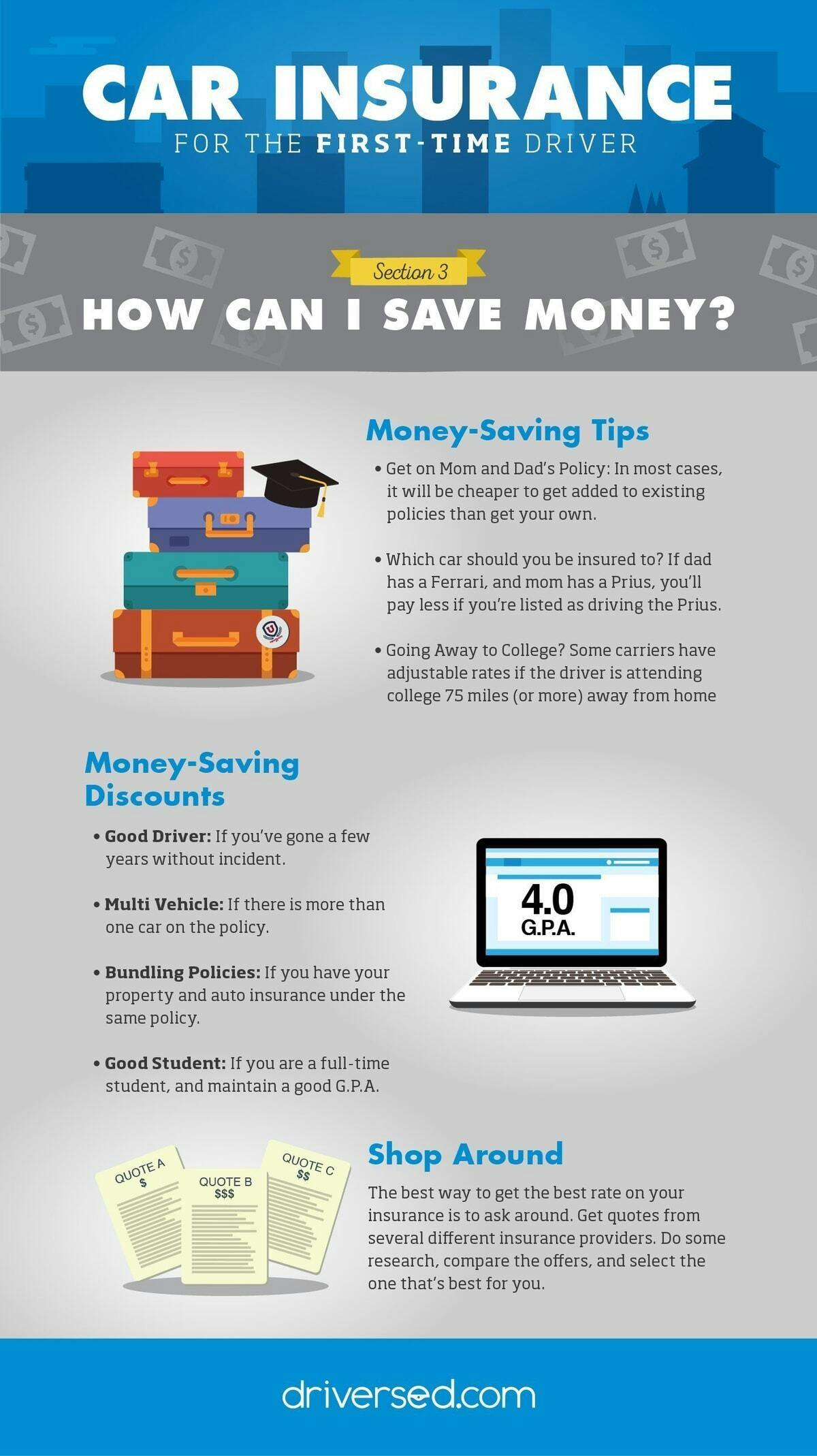 Car Insurance 101 Infographic, laying out ways to save money on car insurance for first-time drivers (and others).