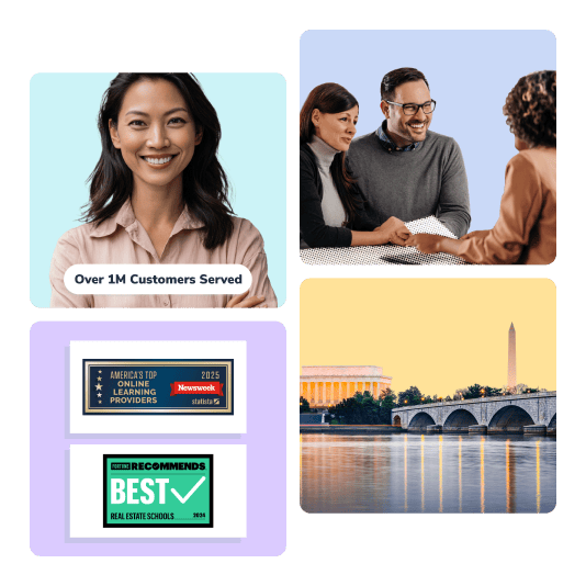 washington exam prep, agent talking to clients, washington skyline, awards