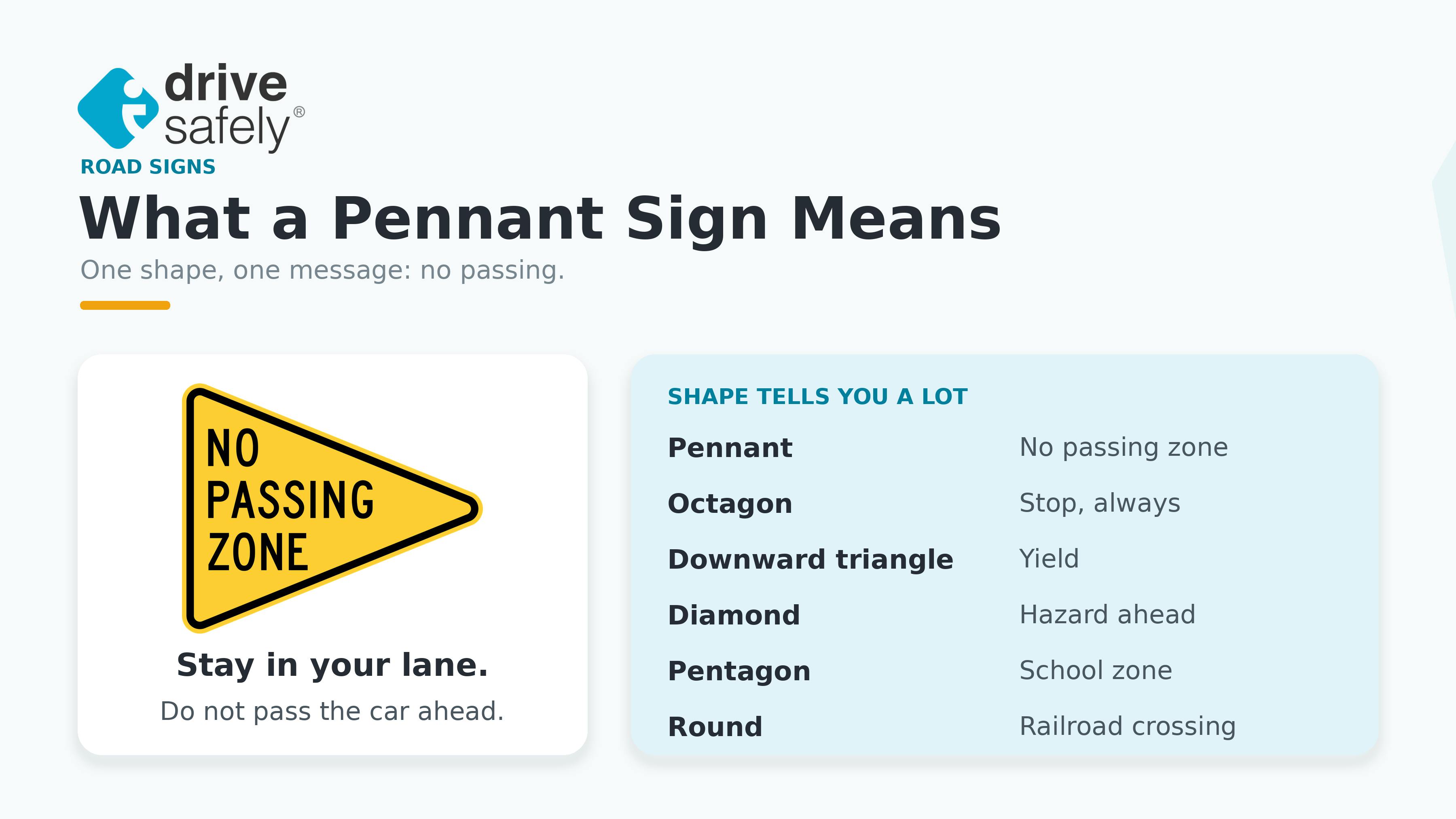 Infographic titled "What a Pennant Sign Means," showing a yellow sideways-triangle "No Passing" sign next to a reference list of road-sign shapes and their meanings: pennant, octagon, downward triangle, diamond, pentagon, and round.