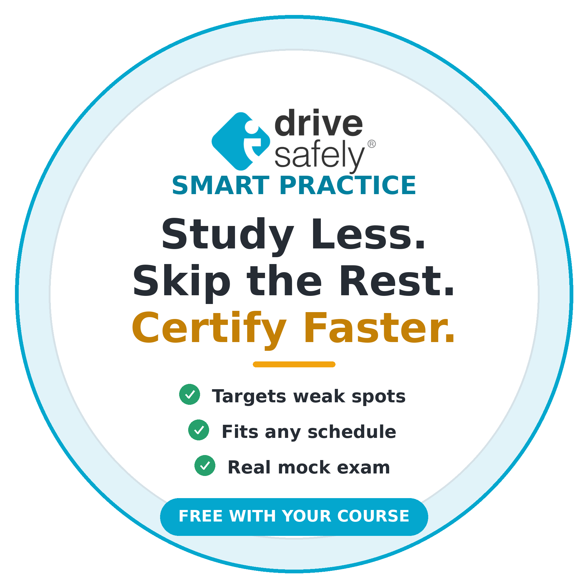Circular Smart Practice badge with the I Drive Safely logo, tagline "Study Less. Skip the Rest. Certify Faster.," three checks (targets weak spots, fits any schedule, real mock exam), and a "Free With Your Course" label.