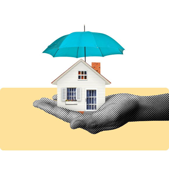 Large hand holding a white house with a blue umbrella over it