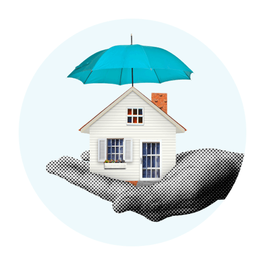 Hand holding a small house with an umbrella over the roof