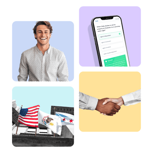 Man smiling, Aceable course on mobile device, flags, handshake