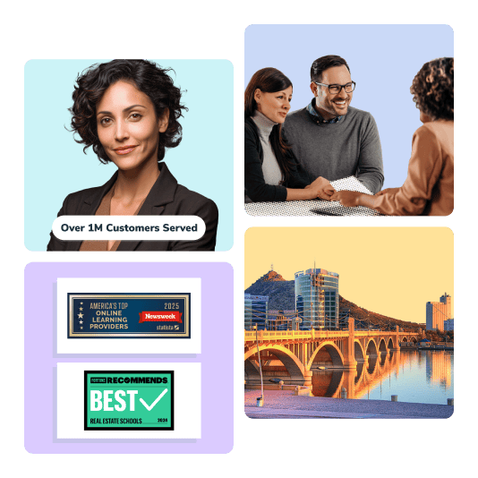 4 tiles, woman professional, clients, awards, and city skyline