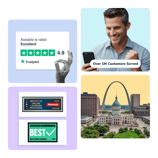 4 tiles, man looking at phone, trust pilot rating, awards, and skyline