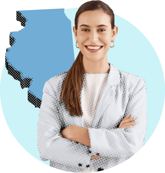 woman smiling in front of picture of state of Illinois