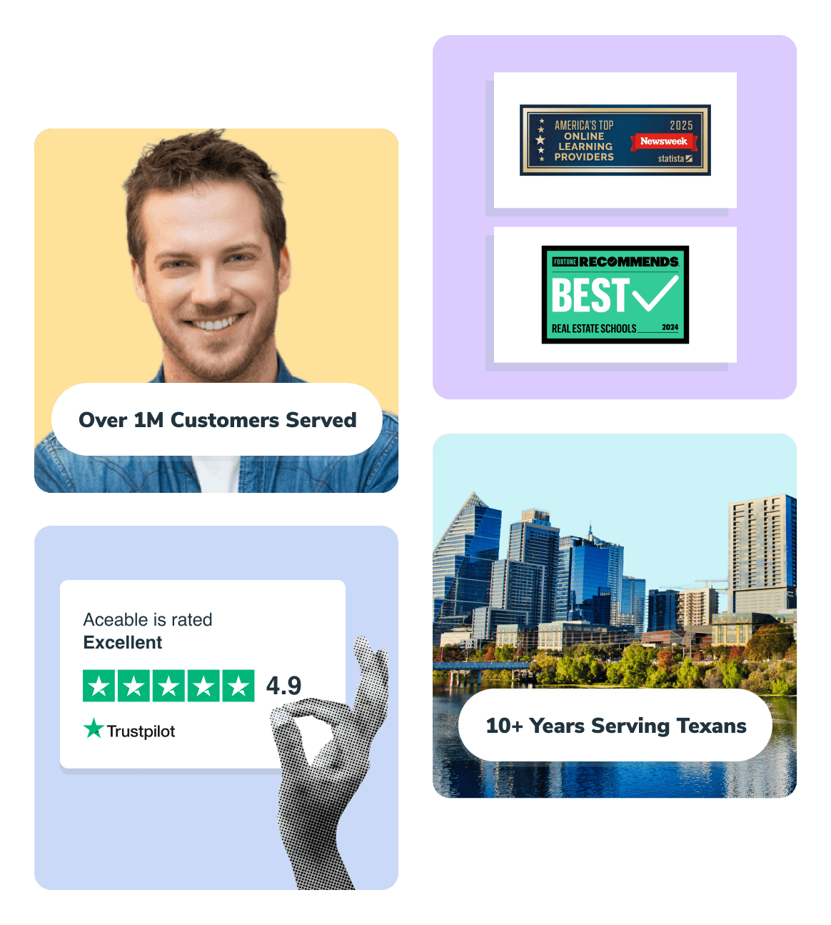 4 tiles, man, awards, trust pilot rating, and skyline