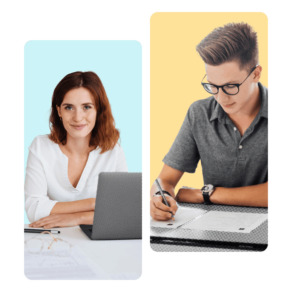 man taking written test and women at laptop