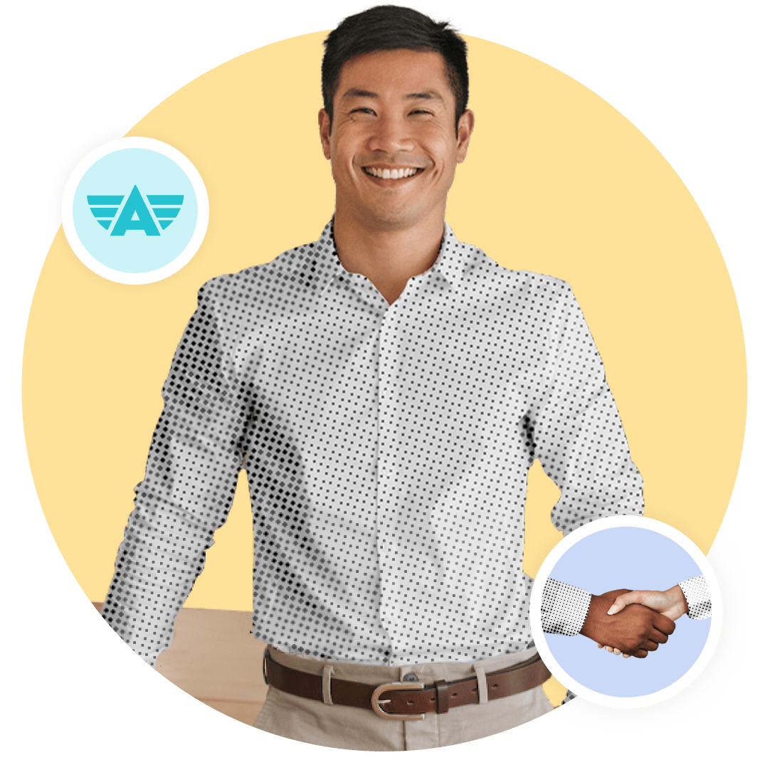 Man smiling, Aceable logo, a hand shake