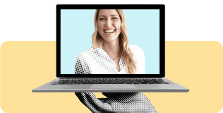 Hand holding laptop with woman on the screen