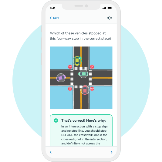 Aceable course example in app showing a four way stop