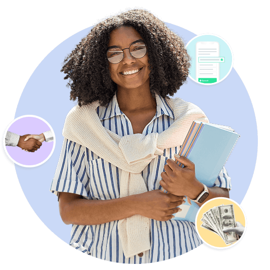 Woman holding books. Aceable student perks highlighted around her.