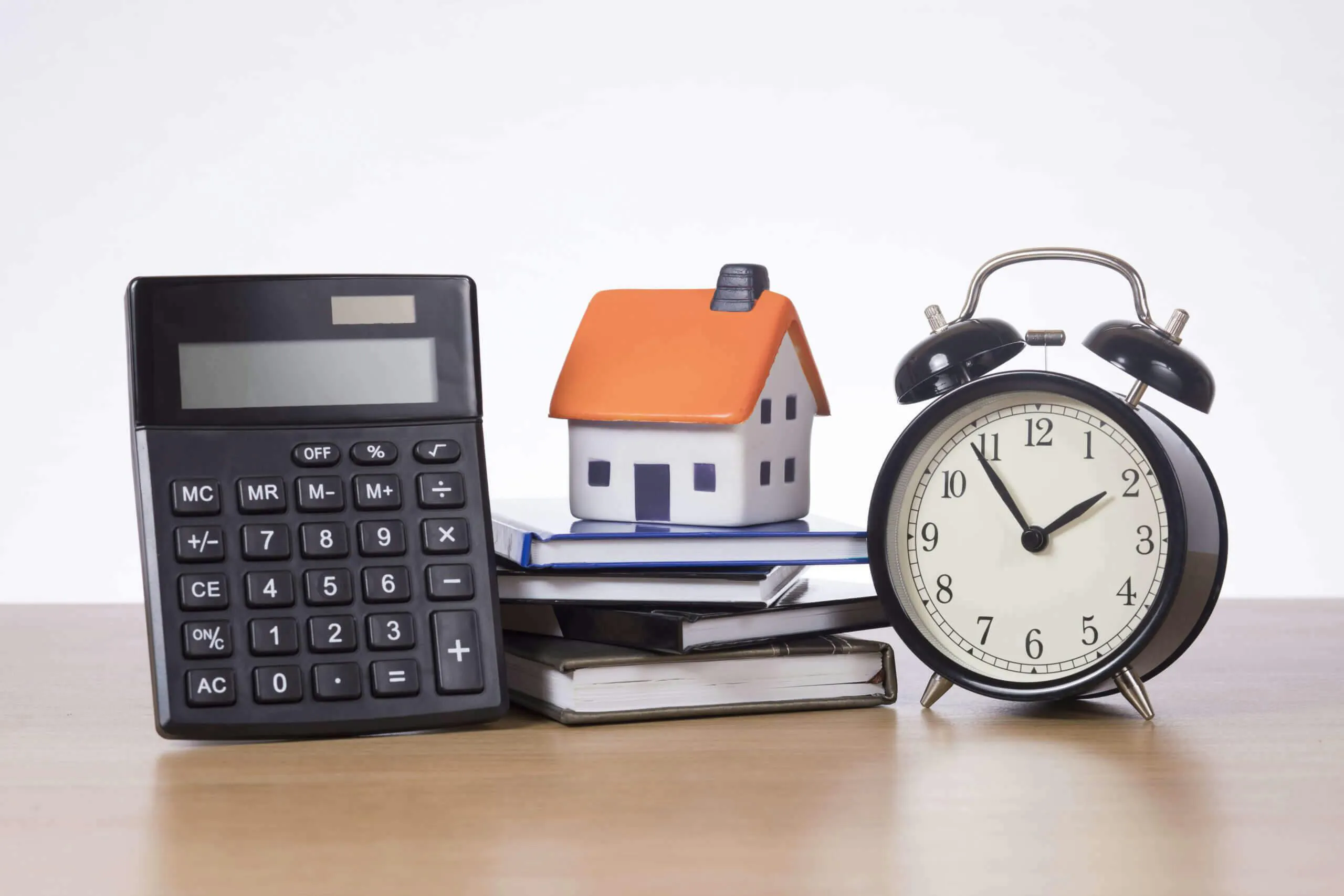 clock, calculator, house